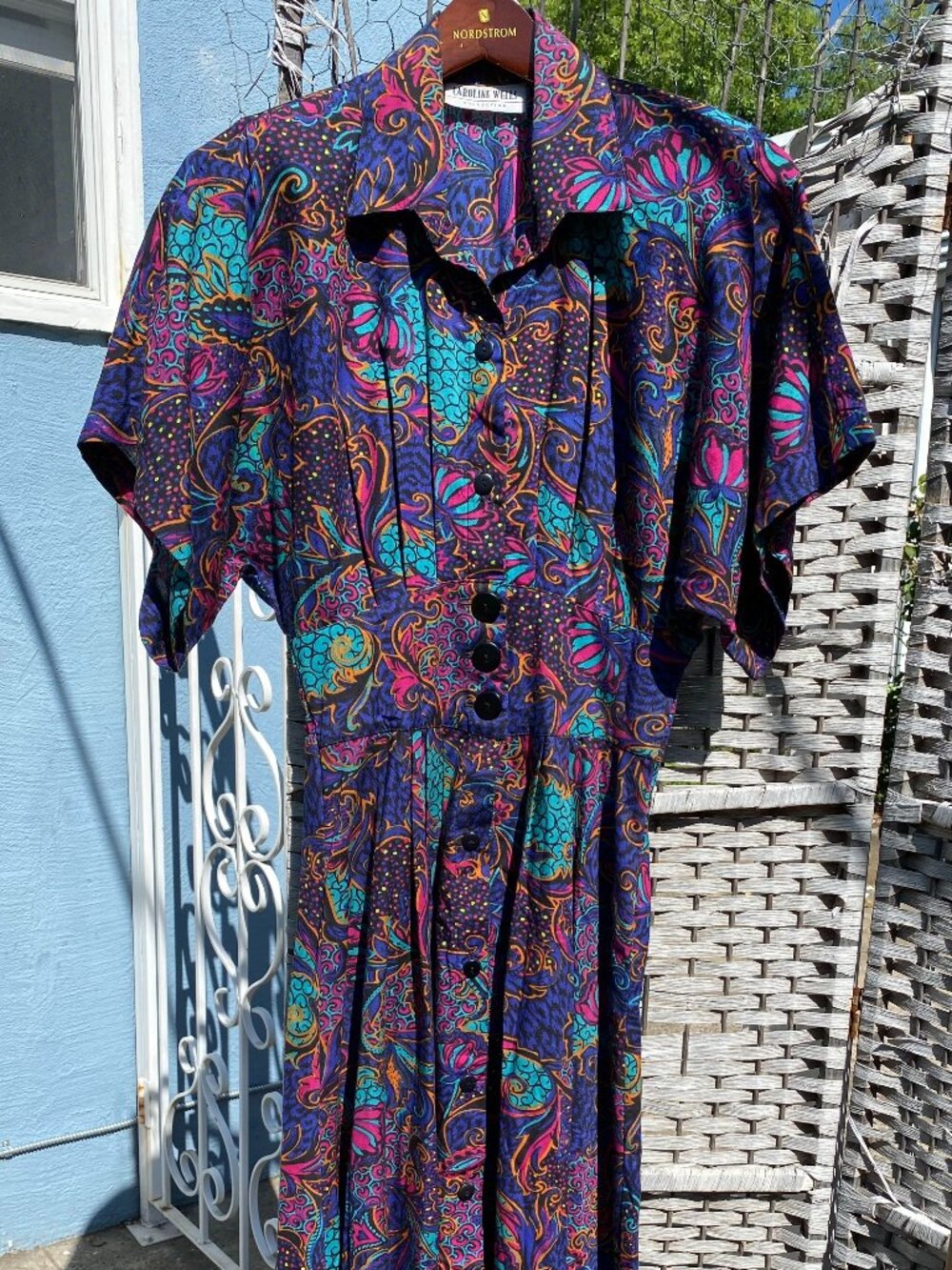 Vintage 90s Caroline Wells Shirt Dress Floral Boho Psychedelic Paisley